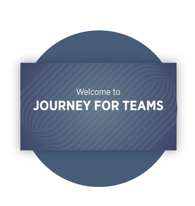 A blue circle with a poster frame from the welcome webinar overlaid. The poster frame text reads 'Welcome to Journey for Teams'