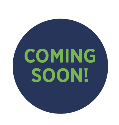 A navy blue circle with the words 'Coming Soon!'